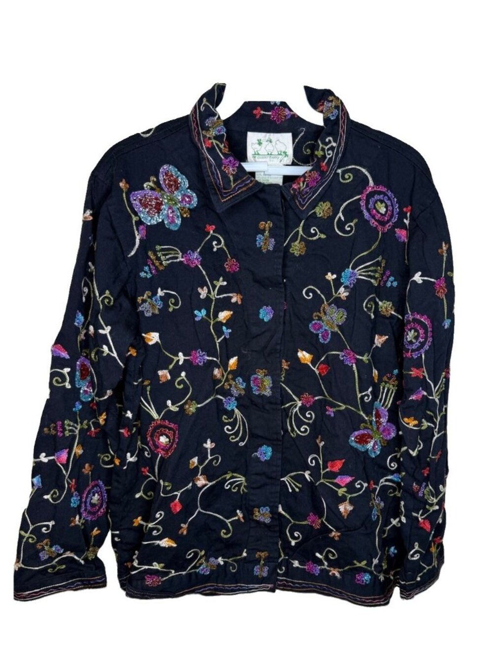 Vintage 90s Button Jacket Shirt Floral Embroidered Embellished Folk